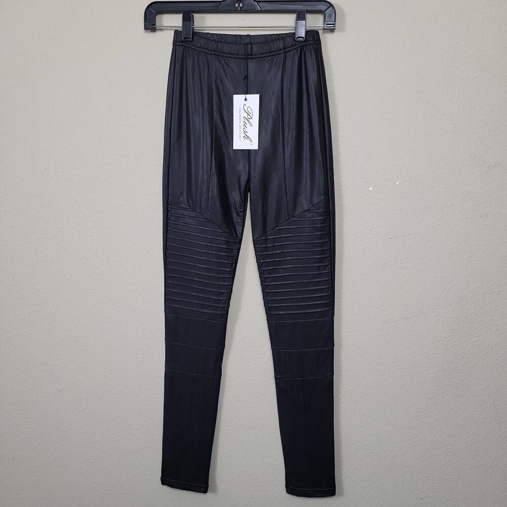 Plush Womens Black Faux Leather Fleece Lined Pull On Ankle Leggings Size‎ XS